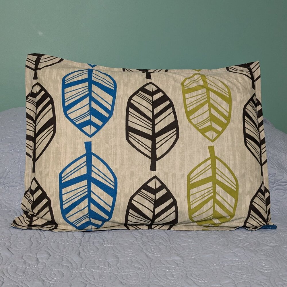 2 Standard Size Teal Brown Lime Leaf Print Pillow Shams